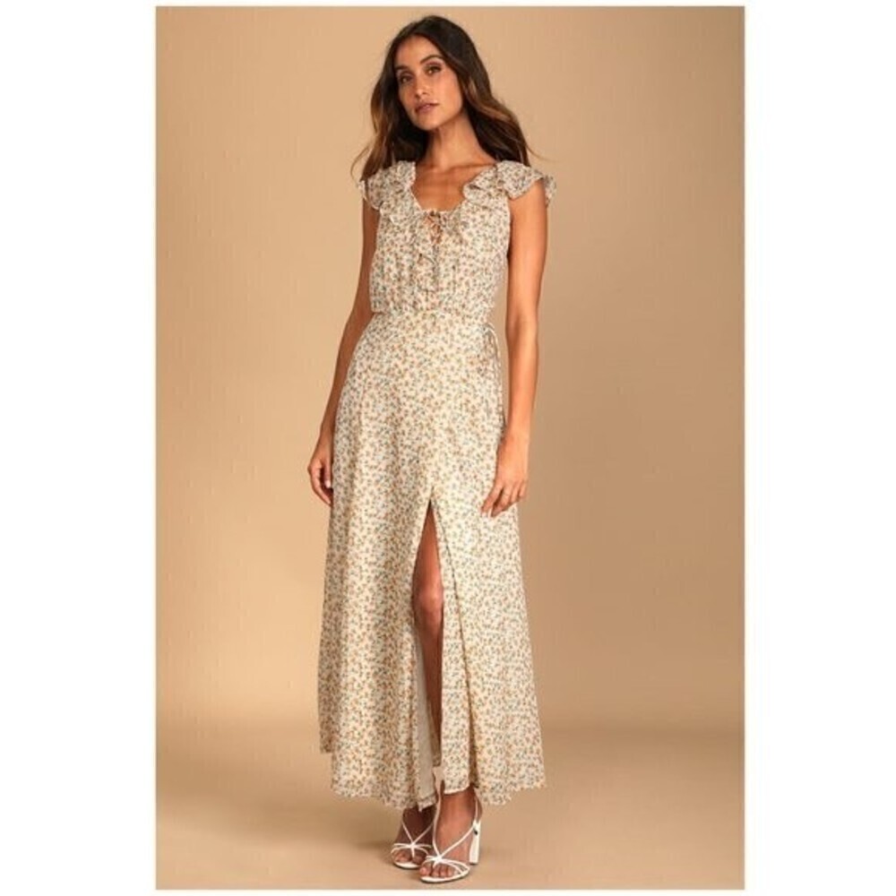 Lulu's Happiest Moments Ivory Floral Print Ruffled Lace-Up Wrap Dress Size M NWT